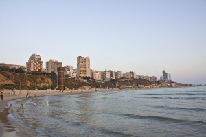Popular Israel resort Netanya, view on the beach and town from sea