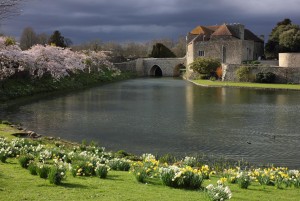 Leeds Castle in Kent, United Kingdom - bridge entrance to the castle in the spring.